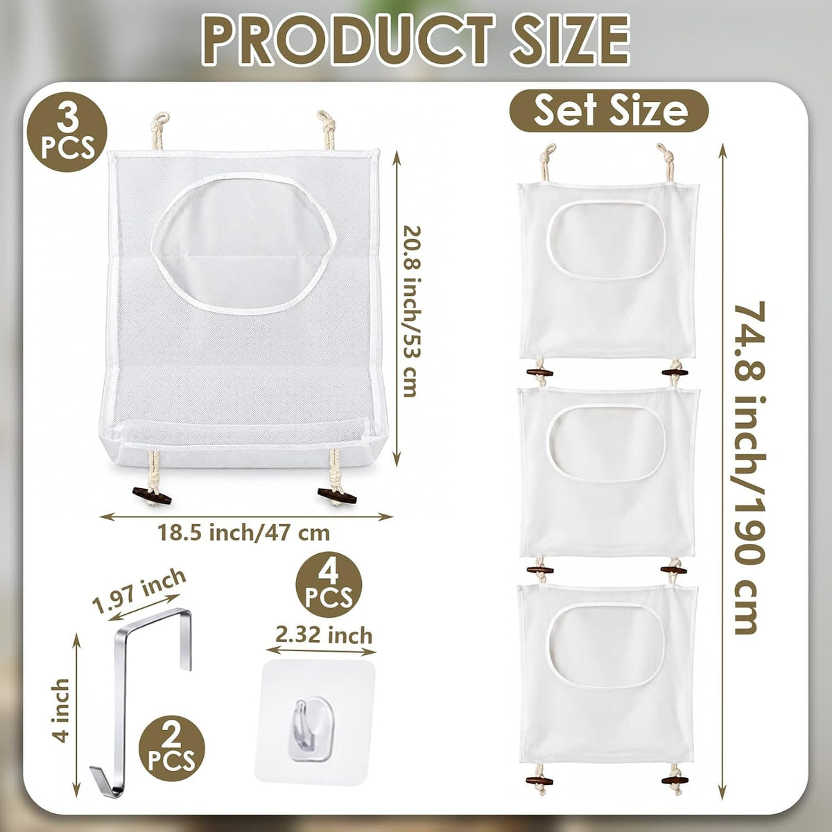 3Pcs Over the Door Hanging Laundry Hamper Mesh Bag 74.8 x 18.5in with Hooks