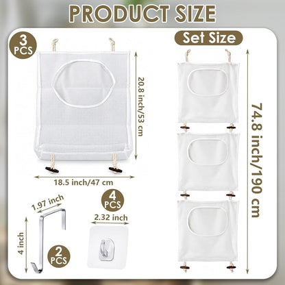 3Pcs Over the Door Hanging Laundry Hamper Mesh Bag 74.8 x 18.5in with Hooks