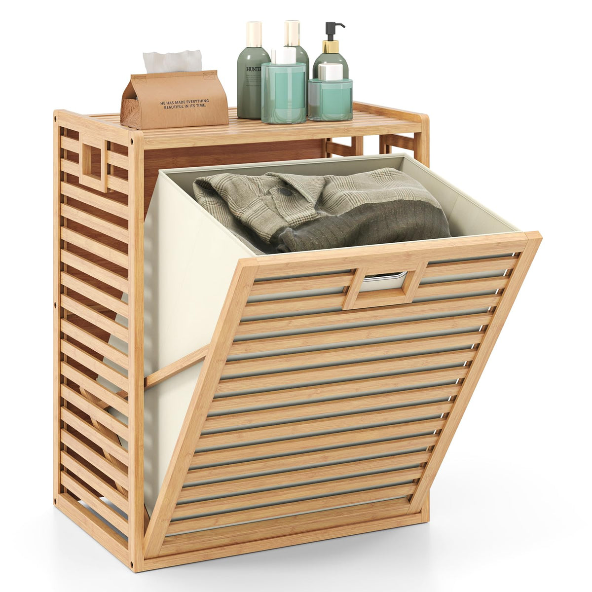 Giantex Bamboo Tilt Out Laundry Hamper Cabinet, Wicker Laundry Sorter