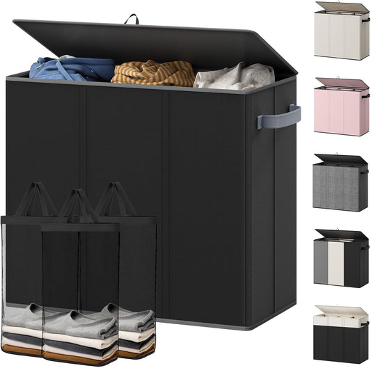 Optish 180L Laundry Hamper 3 Section, Large Hamper with Mesh Bags & Lid
