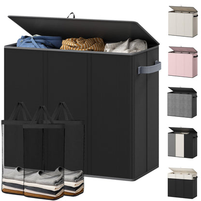 Optish 180L Laundry Hamper 3 Section, Large Hamper with Mesh Bags & Lid