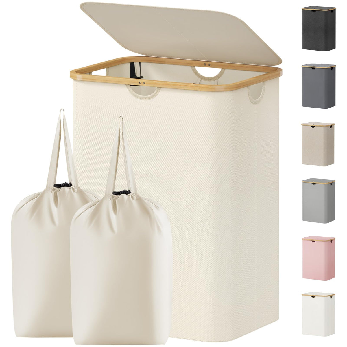 Lifewit 120L Large Laundry Basket with Lid, 2 Removable Bags, Beige