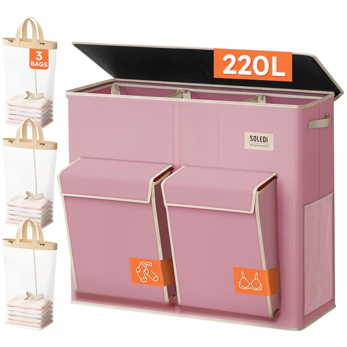 SOLEDI 220L Laundry Hamper 3 Section with Lid and 2 Side Pockets