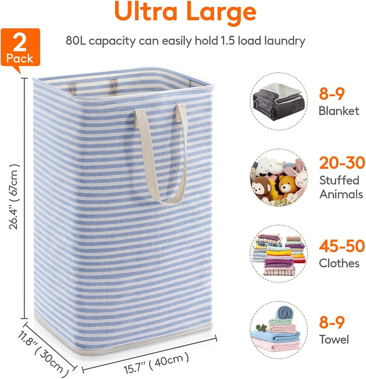 Lifewit 80L Large Laundry Baskets, Laundry Hampers Bags, 2 Pack, Grey&Blue