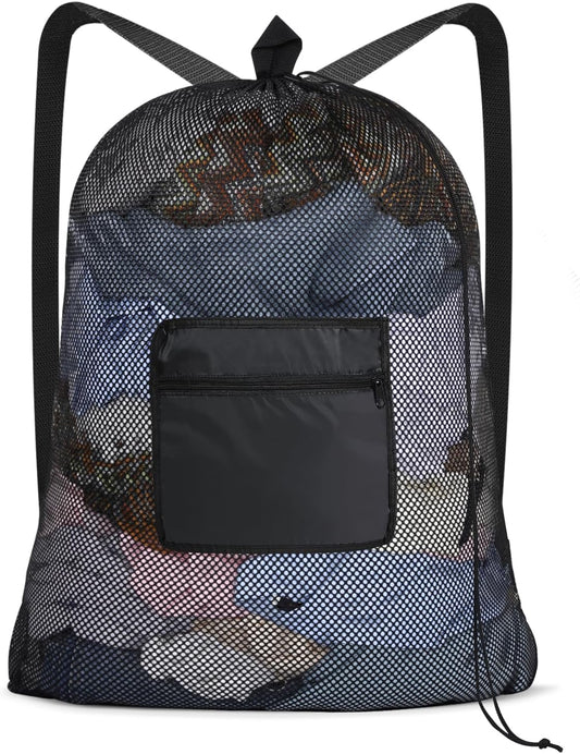 OTraki Mesh Laundry Bags 36 x 28 Inch Extra Large Travel Laundry Bag Backpack Heavy Duty Drawstring Dirty Clothes Laundry Mesh Wash Bag with Shoulder Straps Don't Drying, Melting 140-176℉ Black