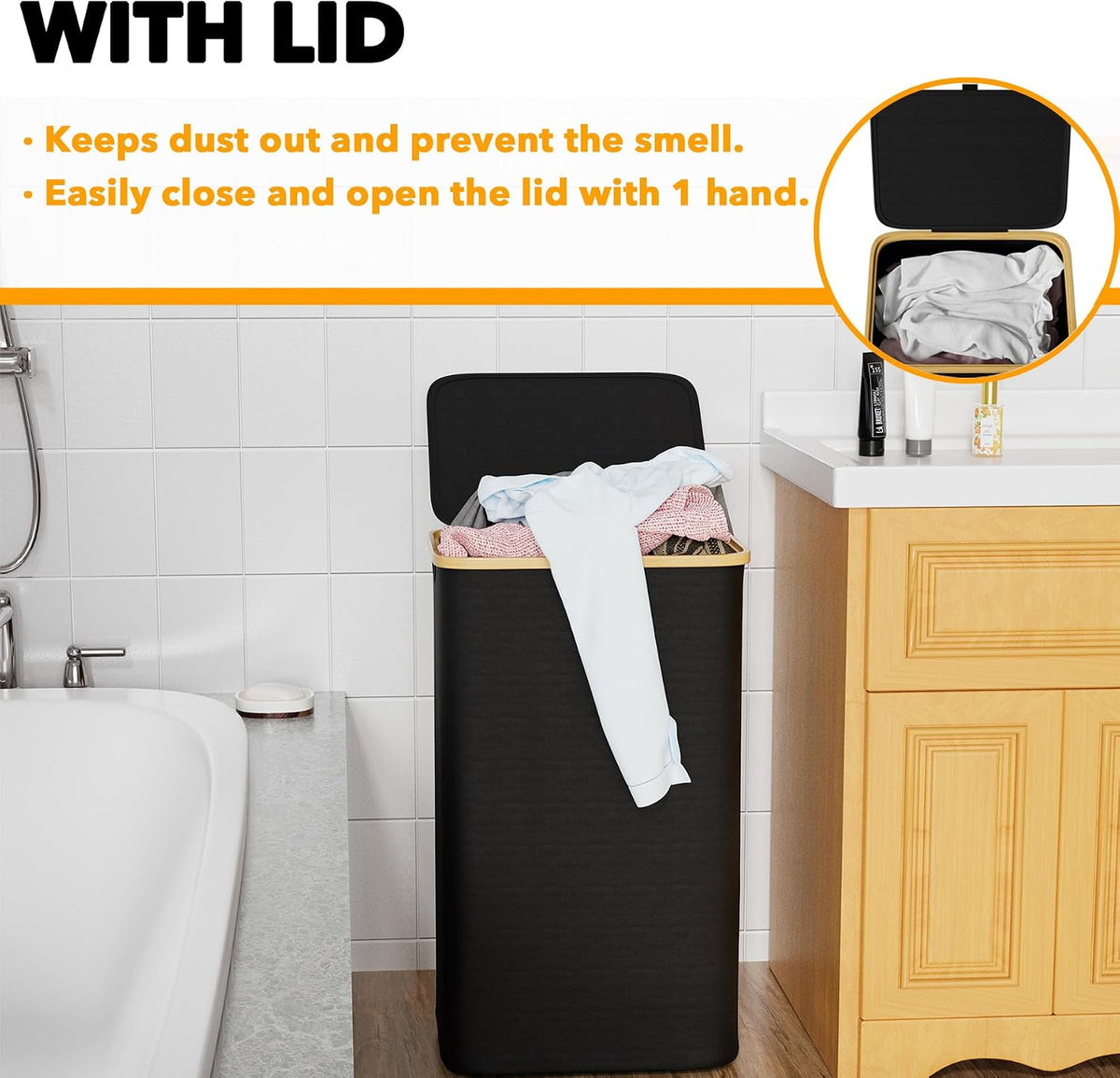 SpaceAid Laundry Hamper with Lid, 110L Large Tall Clothes Basket Bin with Bamboo Handles, Collapsible Laundry Hamper for Bedroom, Bathroom, Dorm, Laundry Room - Black