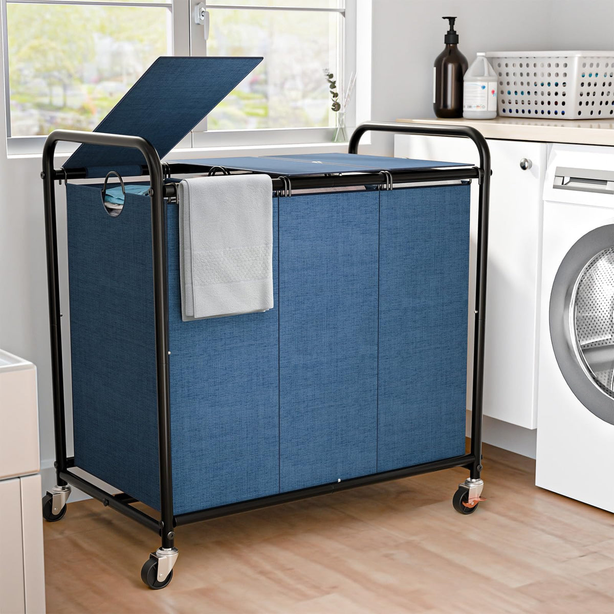 180L Laundry Sorter 3 Section, Rolling Laundry Basket with Wheels and Lid
