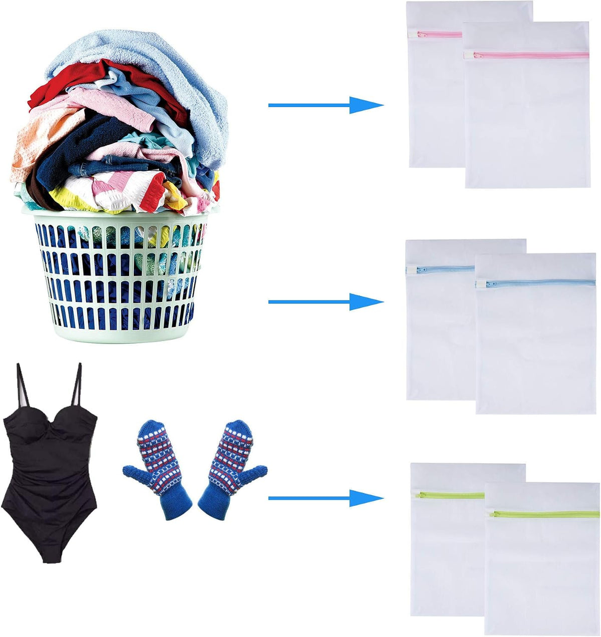 Mesh Laundry Bags 6pcs 16*12 Inch Laundry Wash Bag Colorful Zipper (Medium)