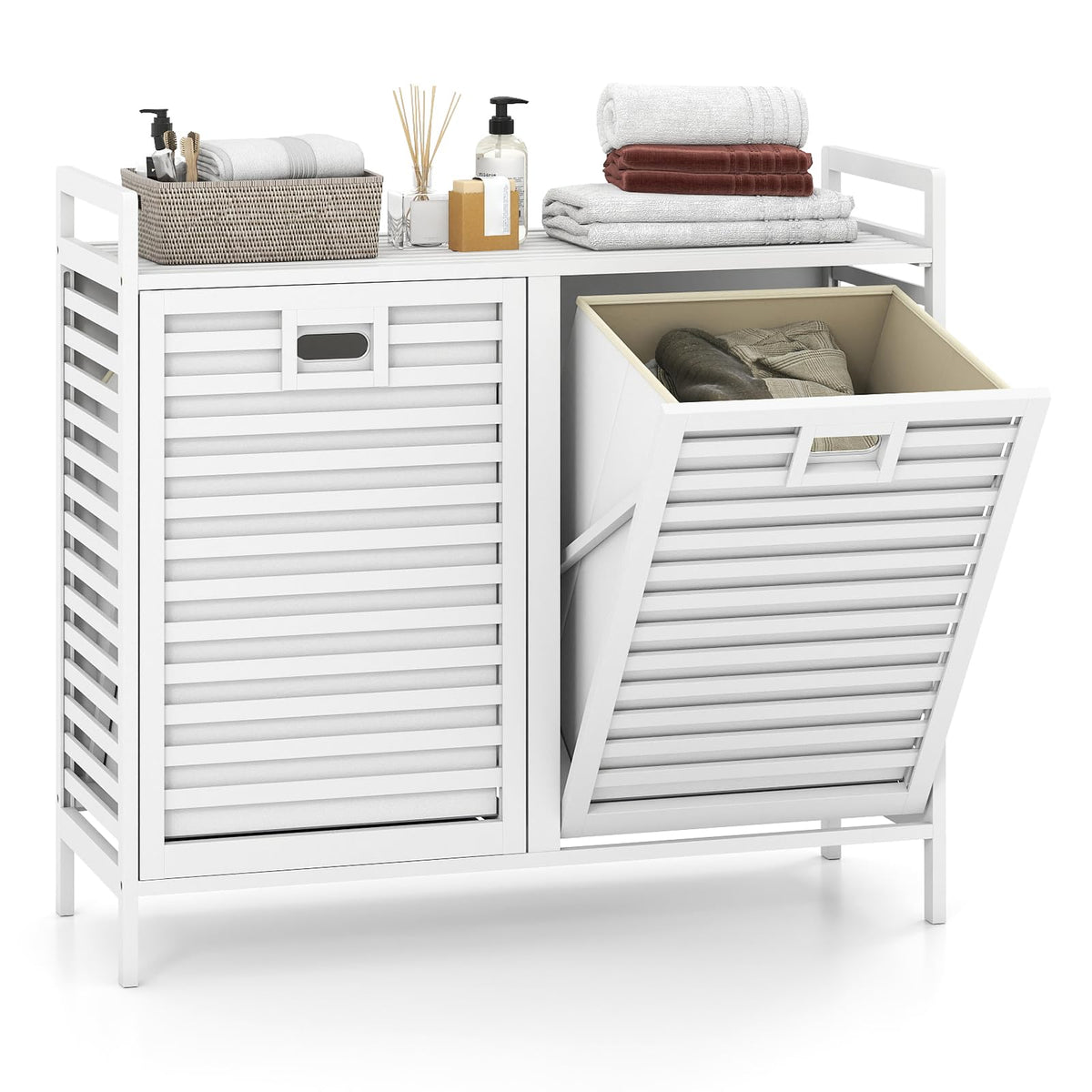 Giantex Bamboo Tilt Out Laundry Hamper Cabinet, Wicker Laundry Sorter