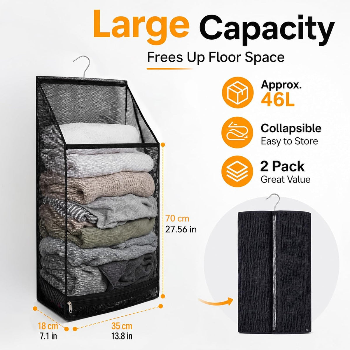 2 Pack Hanging Foldable Mesh Laundry Hamper