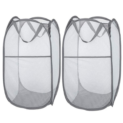Larpur 2 Pcs Popup Mesh Laundry Baskets, Collapsible and Portable Clothes Washing Laundry Hampers with Reinforced Carry Handles, Gray Clothes Hamper for Home, Travel, College Dorm