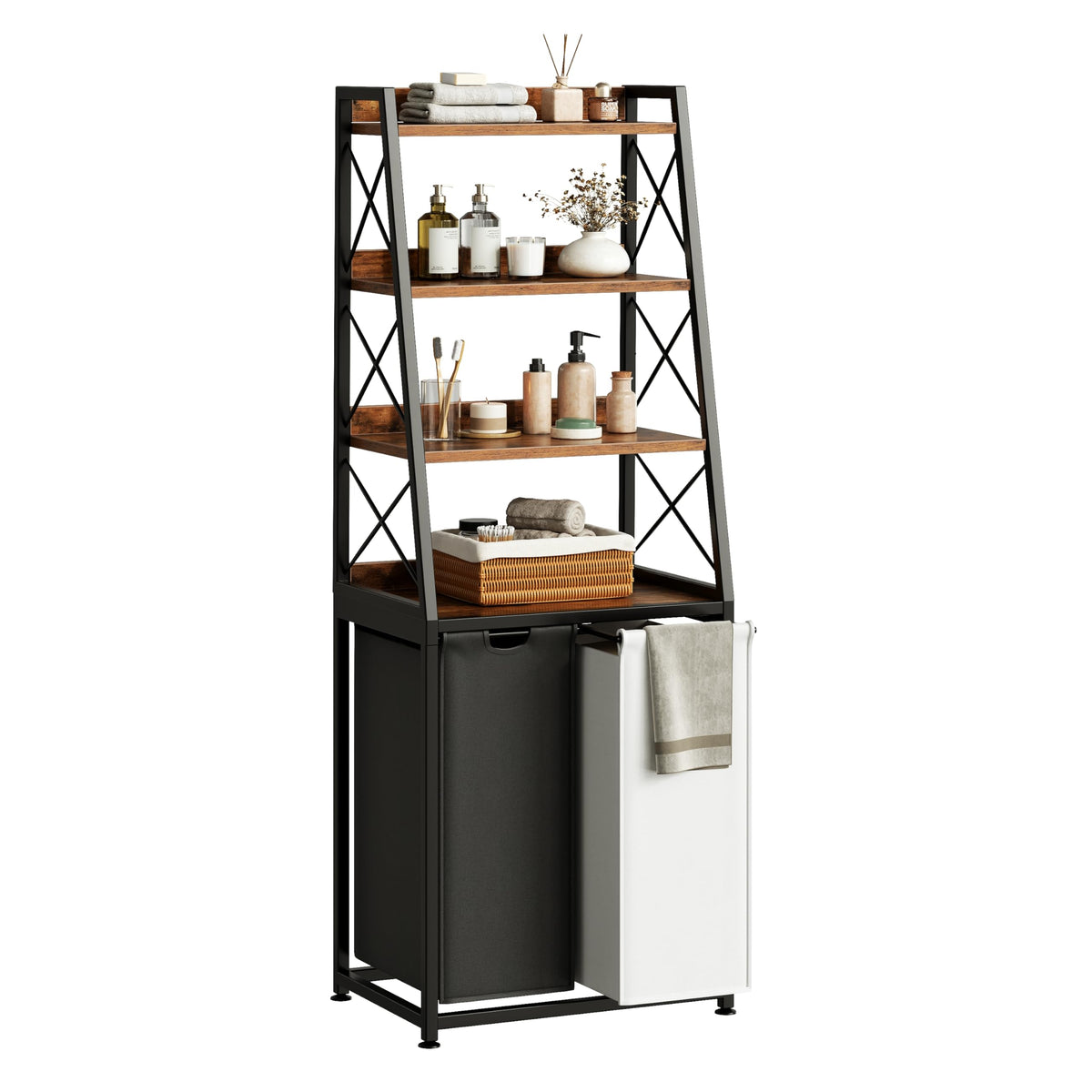 Herture Laundry Basket, 2 Section Laundry Hamper with 4 Tiers Shelf, Pull-Out and Removable Laundry Bags, Large 2 x 15.87 Gallons, for Bedroom Bathroom Rustic Brown PF11XLN