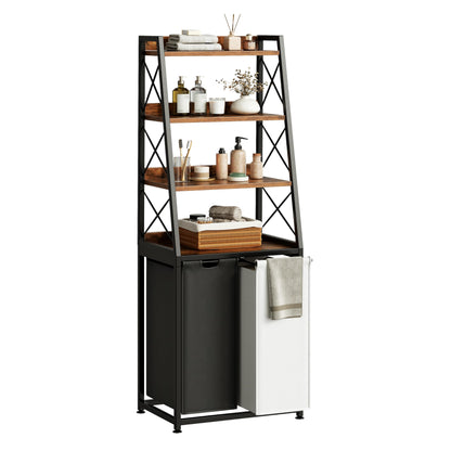 Herture Laundry Basket, 2 Section Laundry Hamper with 4 Tiers Shelf, Pull-Out and Removable Laundry Bags, Large 2 x 15.87 Gallons, for Bedroom Bathroom Rustic Brown PF11XLN