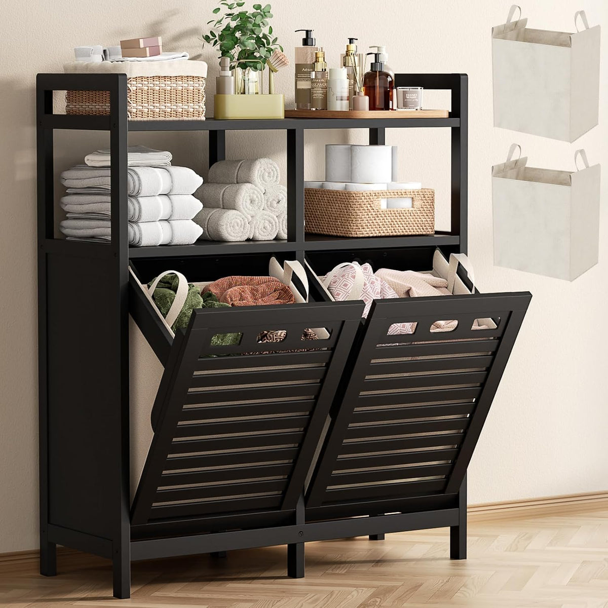 Homykic Bamboo Double Tilt Out Laundry Hamper Cabinet with 2 Bags, Black