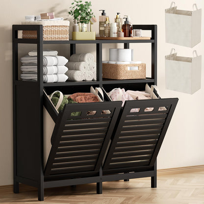 Homykic Bamboo Double Tilt Out Laundry Hamper Cabinet with 2 Bags, Black