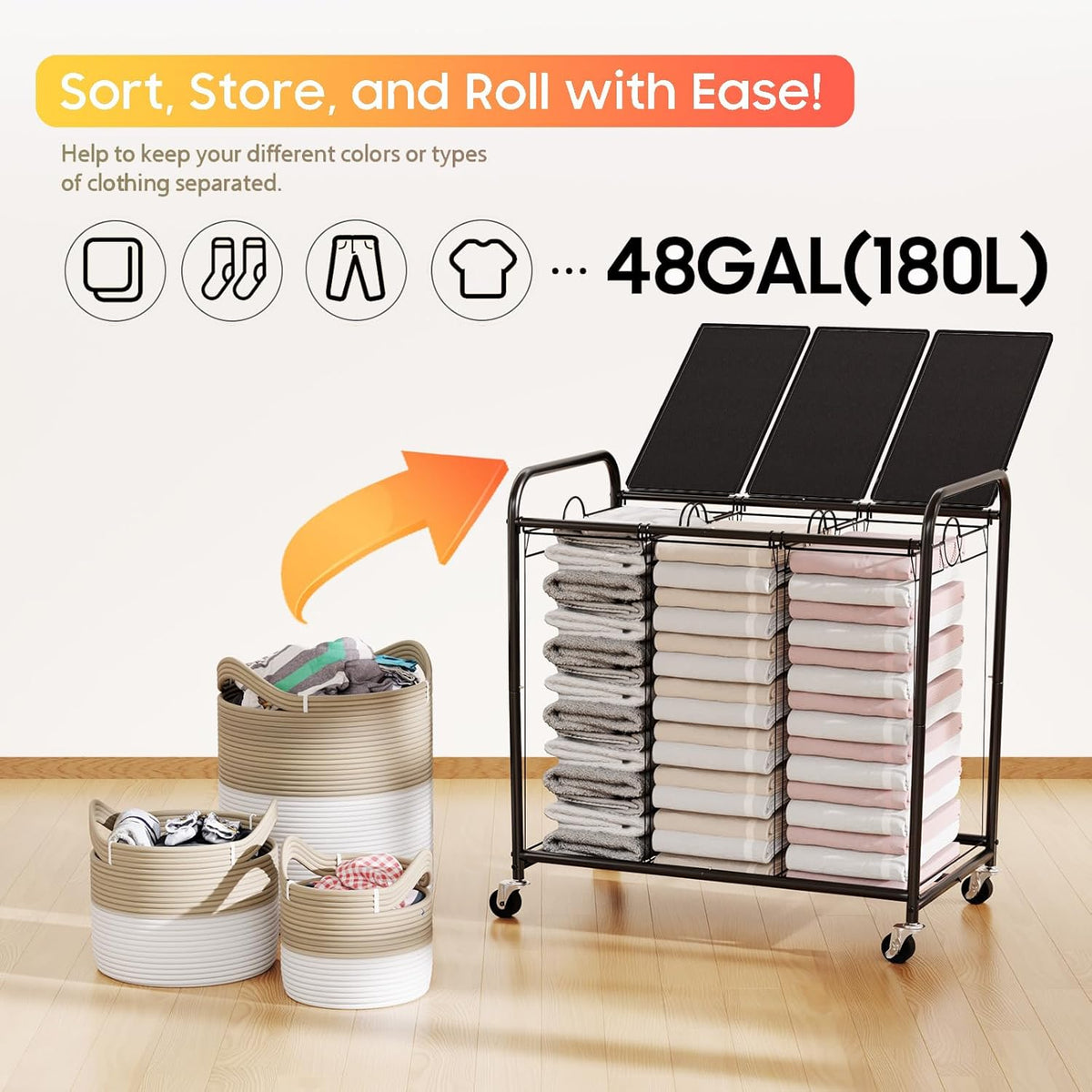 180L Laundry Sorter 3 Section, Rolling Laundry Basket with Wheels and Lid