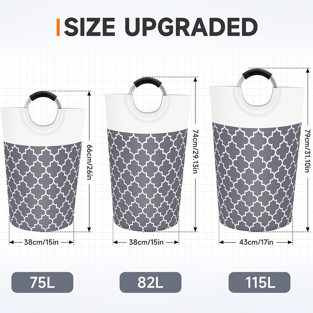 Large Laundry Basket 82L Tall Collapsible Hamper with Handles for Dorm Grey