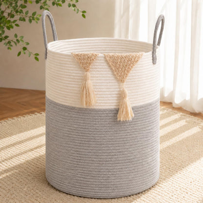 Large Laundry Hamper Basket, 85L Cotton Rope Woven Storage Bin for Blankets, Dirty Clothes Toys, Decorative Tall Basket with Leather Handles for Living Room, Bedroom, Bathroom, Nursery, Jute