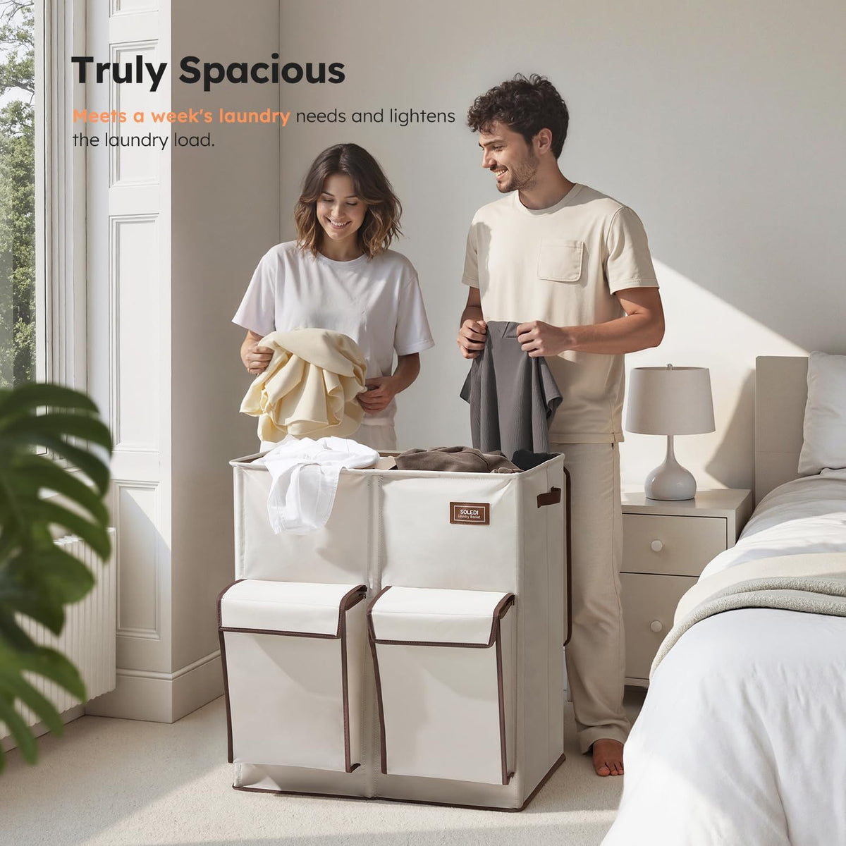 SOLEDI 180L Double Laundry Hamper with Lid and 2 Side Pockets, Dual Hamper