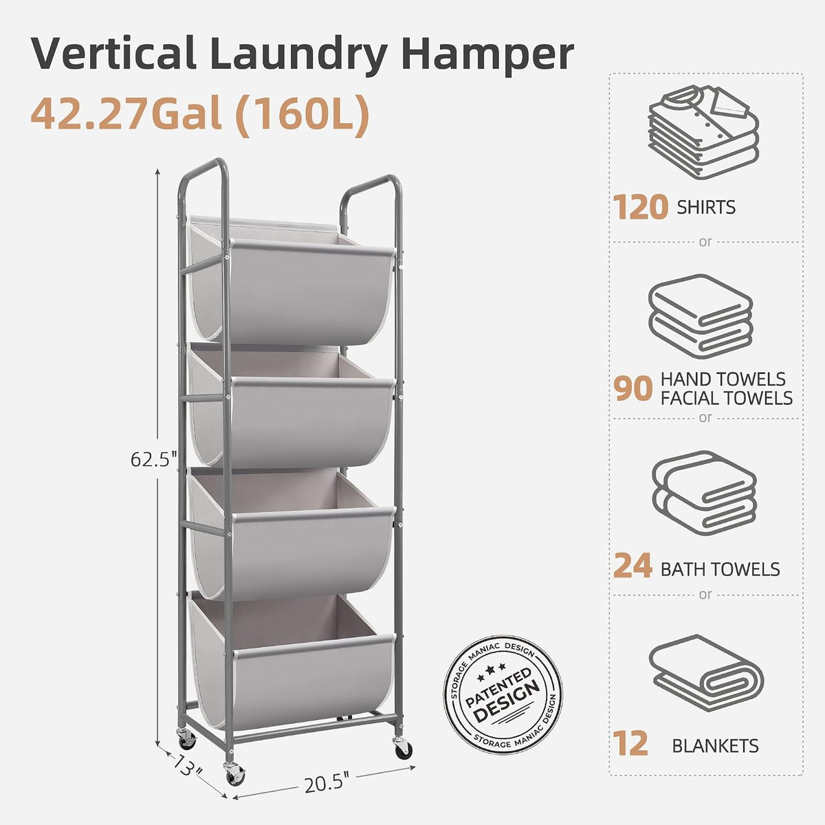 STORAGE MANIAC Vertical Rolling Laundry Hamper, 4 Section Laundry Sorter with Wheels and 2 Breaks, 4-tier Laundry Baskets for Small Space, Dorm, Laundry Room, Closet, Bathroom, Gray 4-tier