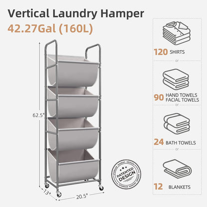 STORAGE MANIAC Vertical Rolling Laundry Hamper, 4 Section Laundry Sorter with Wheels and 2 Breaks, 4-tier Laundry Baskets for Small Space, Dorm, Laundry Room, Closet, Bathroom, Gray 4-tier