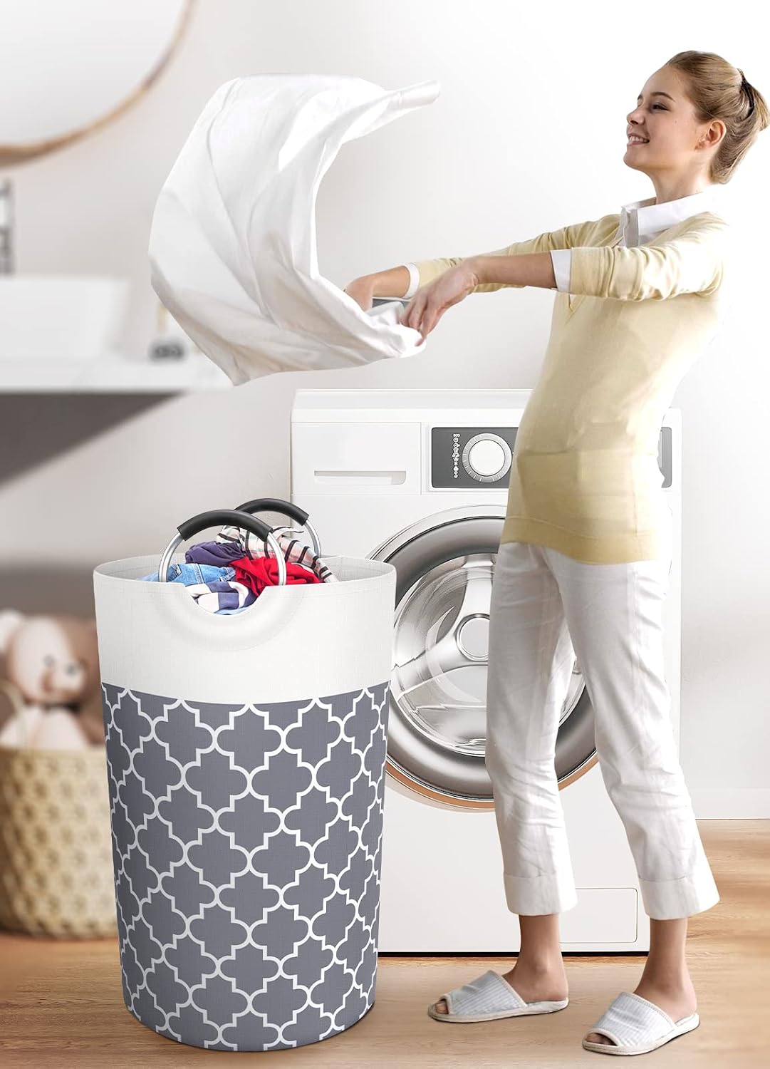 Large Laundry Basket 82L Tall Collapsible Hamper with Handles for Dorm Grey