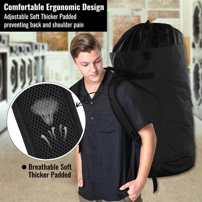 Laundry Bag Backpack 125L Extra Large, Heavy Duty 900D Coated Oxford Fabric, 3 Pockets Durable Travel Laundry Bags with Soft Padded Shoulder Straps for College Dorm, Apartment, Laundromat (Black)
