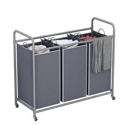 LINZINAR 3 Section Laundry Hamper Sorter, Black Laundry Basket with Wheels