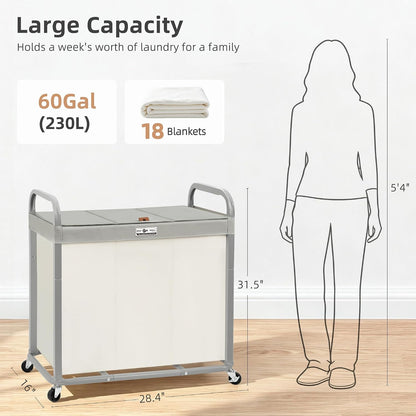 STORAGE MANIAC Laundry Hamper 3 Section with Lid Rolling Laundry Basket