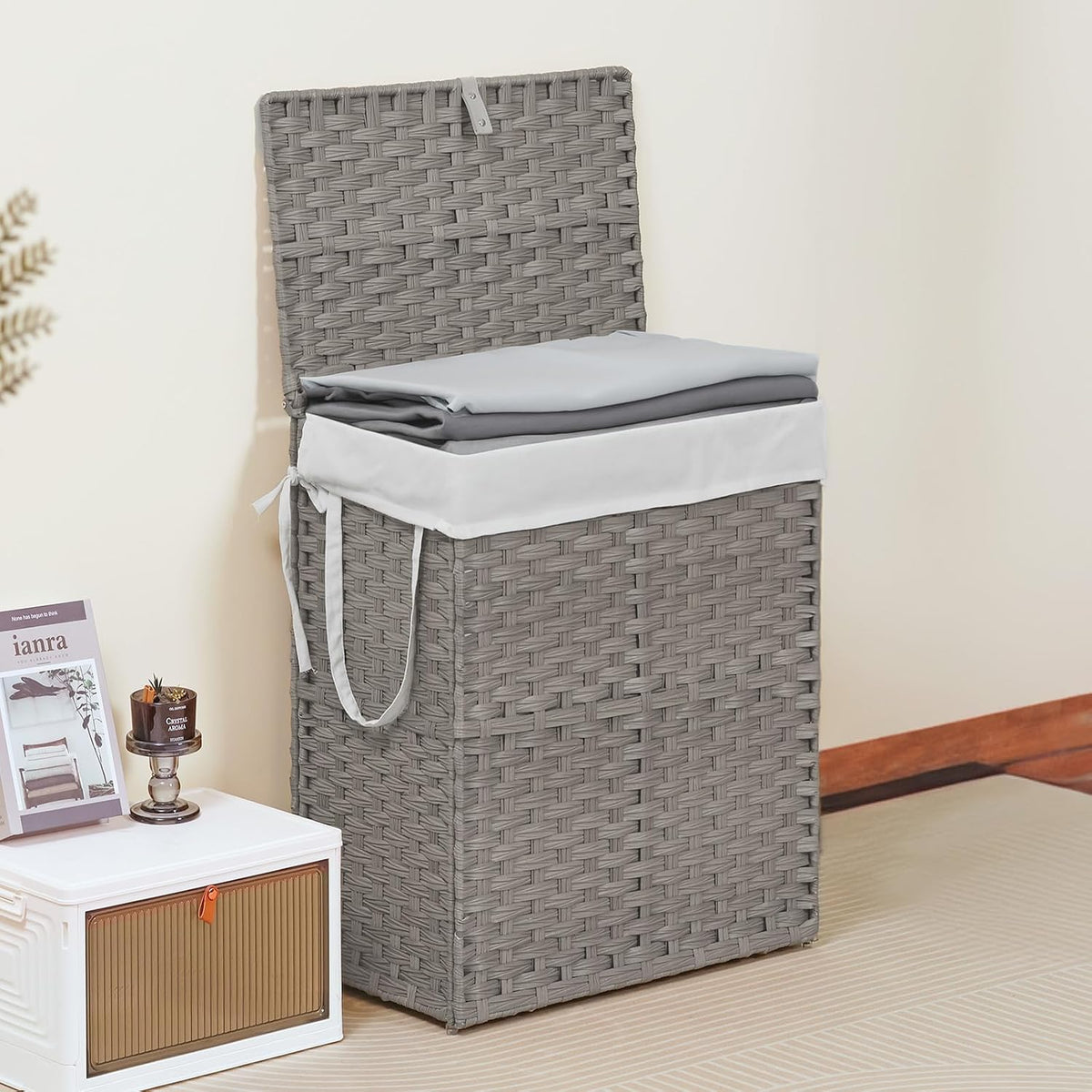 DUMOS Woven Laundry Basket with Lid, 90L Large Capacity Hamper, Removable & Machine-Washable Liner, Foldable Rattan Clothes Hamper, Sturdy Steel Frame, Odor Control, Dove Gray