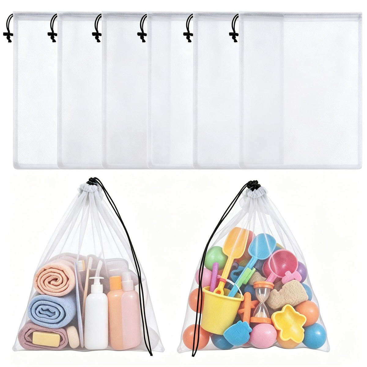 6 Pcs Mesh Beach Bags Drawstring Laundry Bag for Storage 12 × 18 in