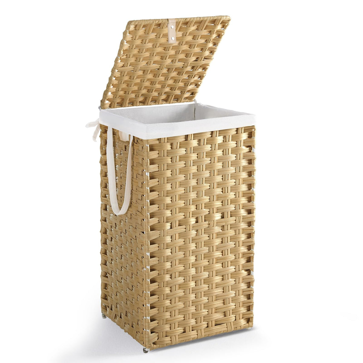 DUMOS Woven Laundry Basket with Lid, 90L Large Capacity Hamper, Removable & Machine-Washable Liner, Foldable Rattan Clothes Hamper, Sturdy Steel Frame, Odor Control, Dove Gray