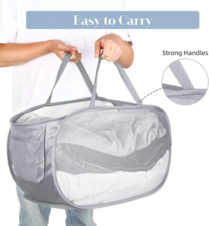 4 Pack Durable Collapsible Laundry Baskets, Mesh Foldable Laundry Basket, Pop Up Laundry Hamper with Pocket, Clothes Hamper with Reinforced Handles for Laundry, Bathroom, Kids Room, Dorm or Travel