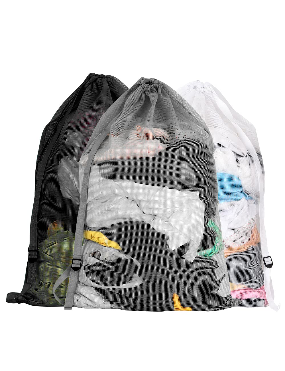 Mesh Laundry Bags with Adjustable Shoulder Strap, 24" x 36" Heavy Duty Nylon, Drawstring Closure, 3-Pack, Mixed Colors