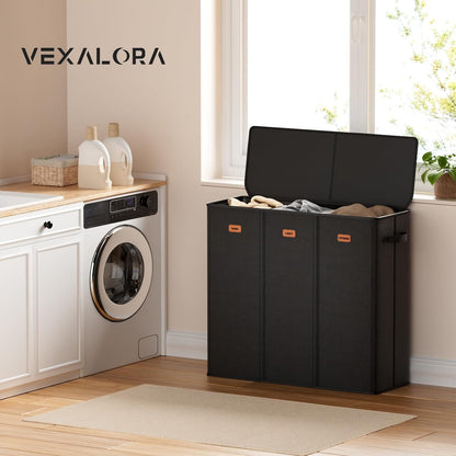 Laundry hamper 3 Section, XL Clothes Hamper with Lid & Inner Bag, Black