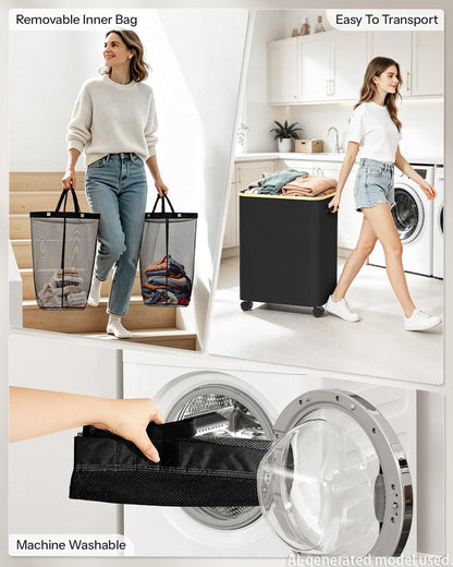 Double Laundry Basket with Wheels and Lid, 150L Clothes Hampers for Laundry