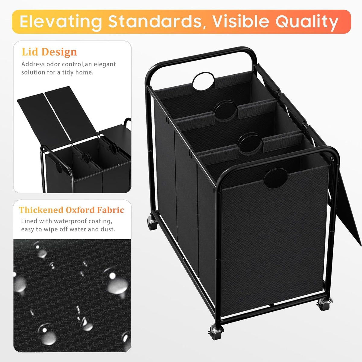 180L Laundry Sorter 3 Section, Rolling Laundry Basket with Wheels and Lid