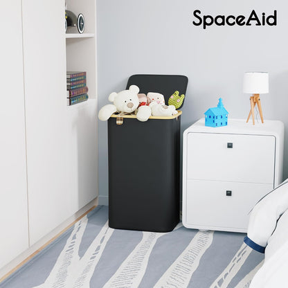 SpaceAid Laundry Hamper with Lid, 110L Large Tall Clothes Basket Bin with Bamboo Handles, Collapsible Laundry Hamper for Bedroom, Bathroom, Dorm, Laundry Room - Black
