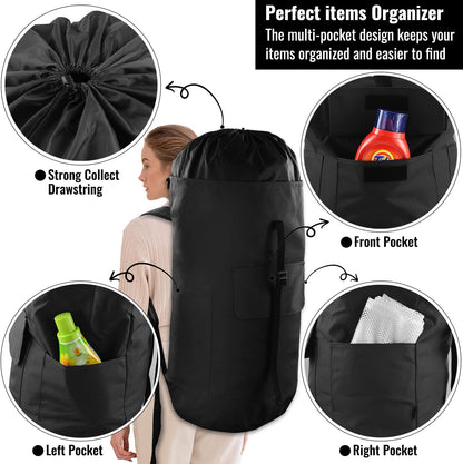Laundry Bag Backpack 125L Extra Large, Heavy Duty 900D Coated Oxford Fabric, 3 Pockets Durable Travel Laundry Bags with Soft Padded Shoulder Straps for College Dorm, Apartment, Laundromat (Black)