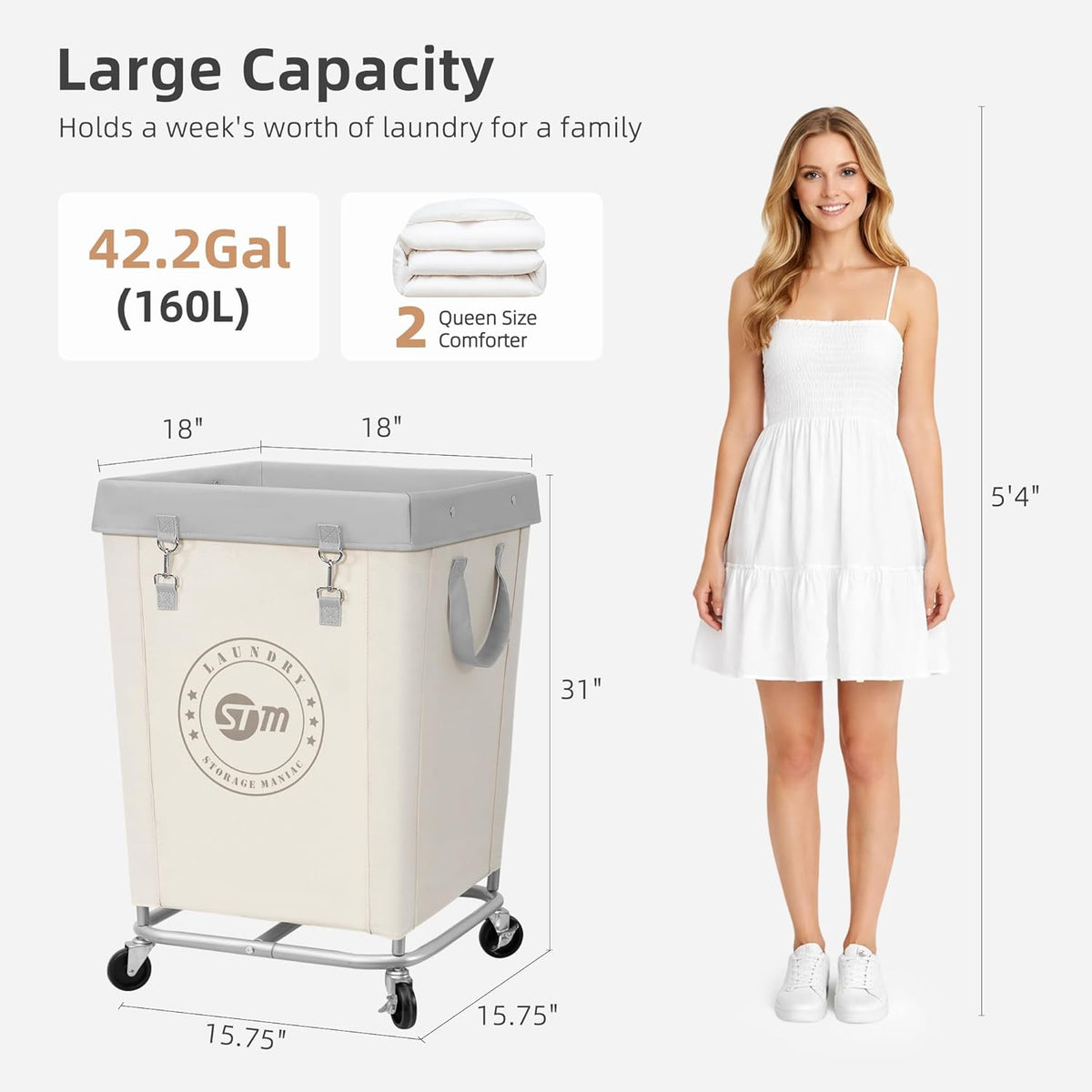 STORAGE MANIAC Commercial Laundry Hamper with Heavy Duty Steel Frame, 160 L Industrial Clothes Basket Cart with Wheels for Big Family, Home, Hotel, Laundry Room, 18''L x 18''W x 31''H, Medium Beige