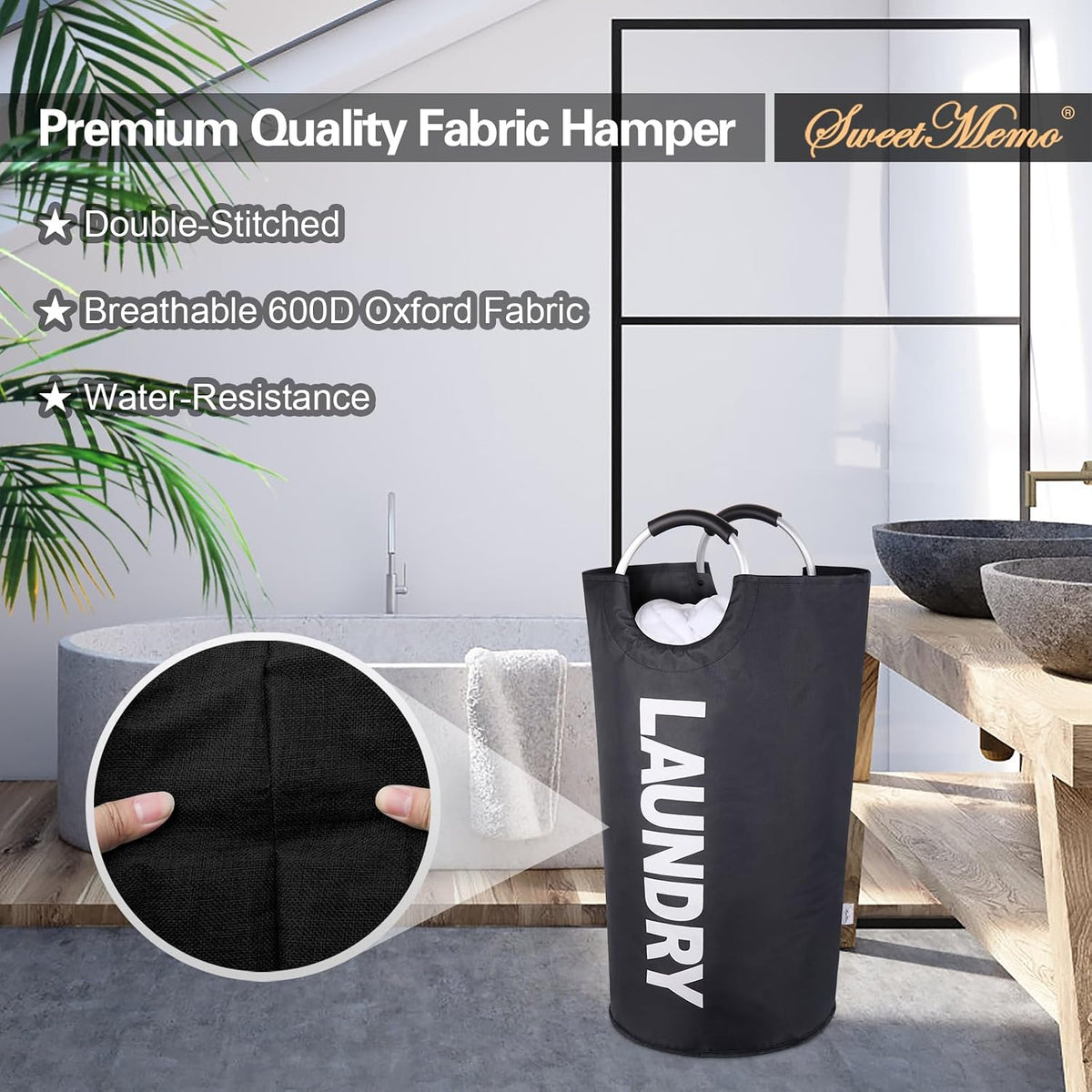 Large Laundry Basket, Laundry Hamper Bag with Handles, 95L, Black