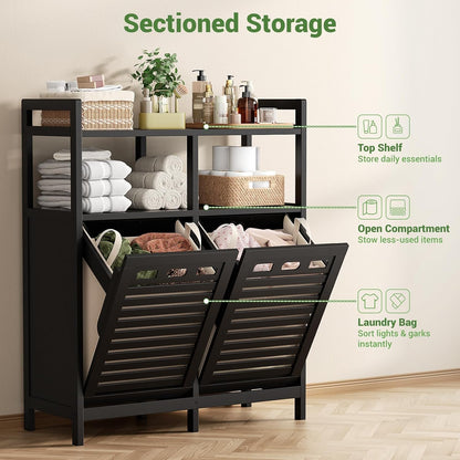 Homykic Bamboo Double Tilt Out Laundry Hamper Cabinet with 2 Bags, Black