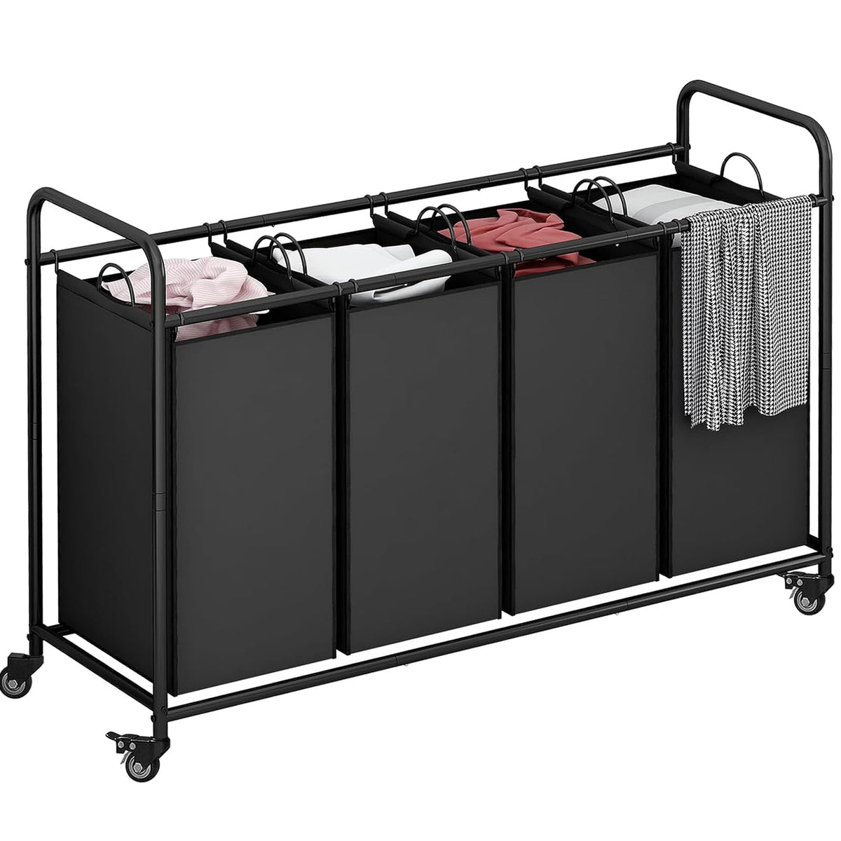 LINZINAR 3 Section Laundry Hamper Sorter, Black Laundry Basket with Wheels