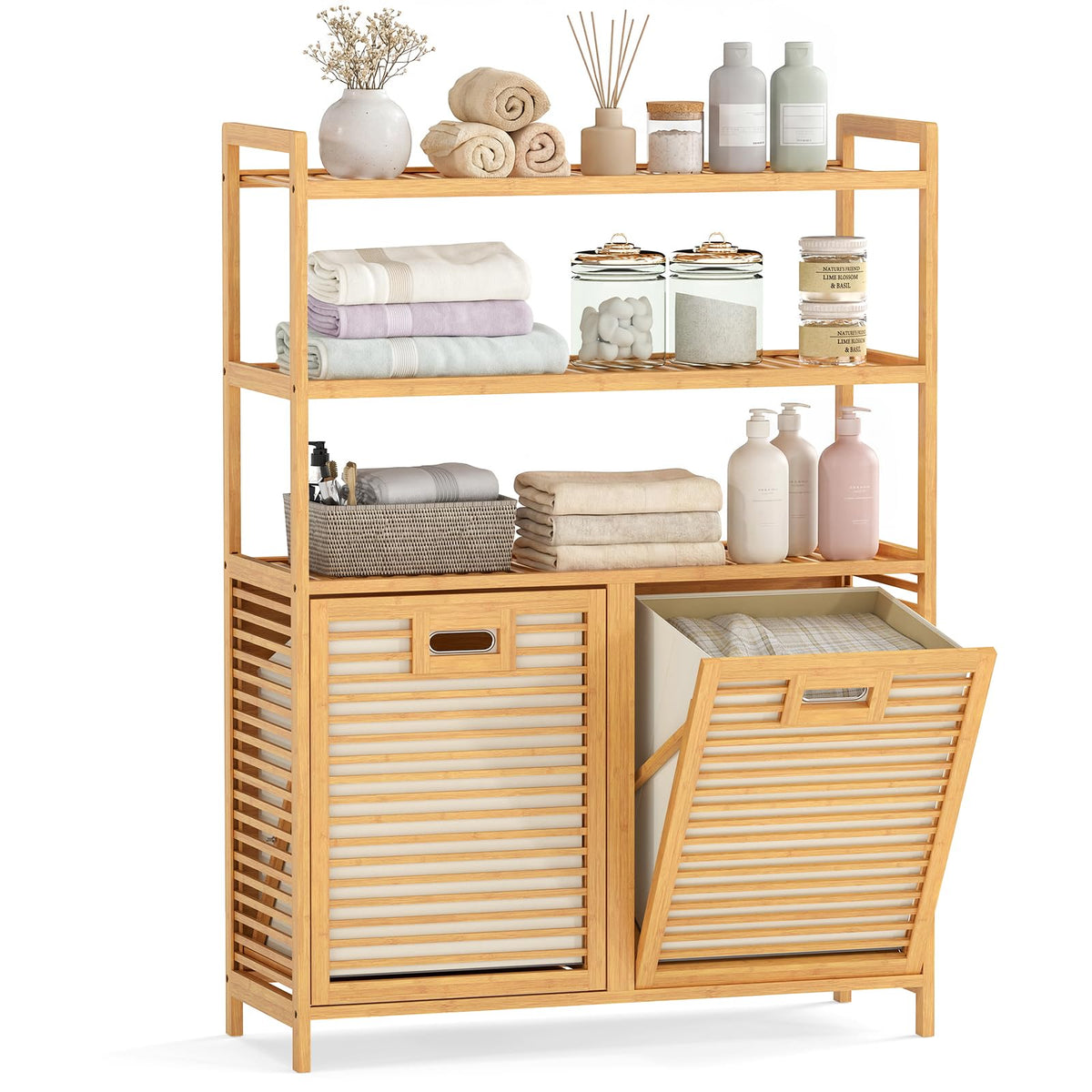 Giantex Bamboo Tilt Out Laundry Hamper Cabinet, Wicker Laundry Sorter