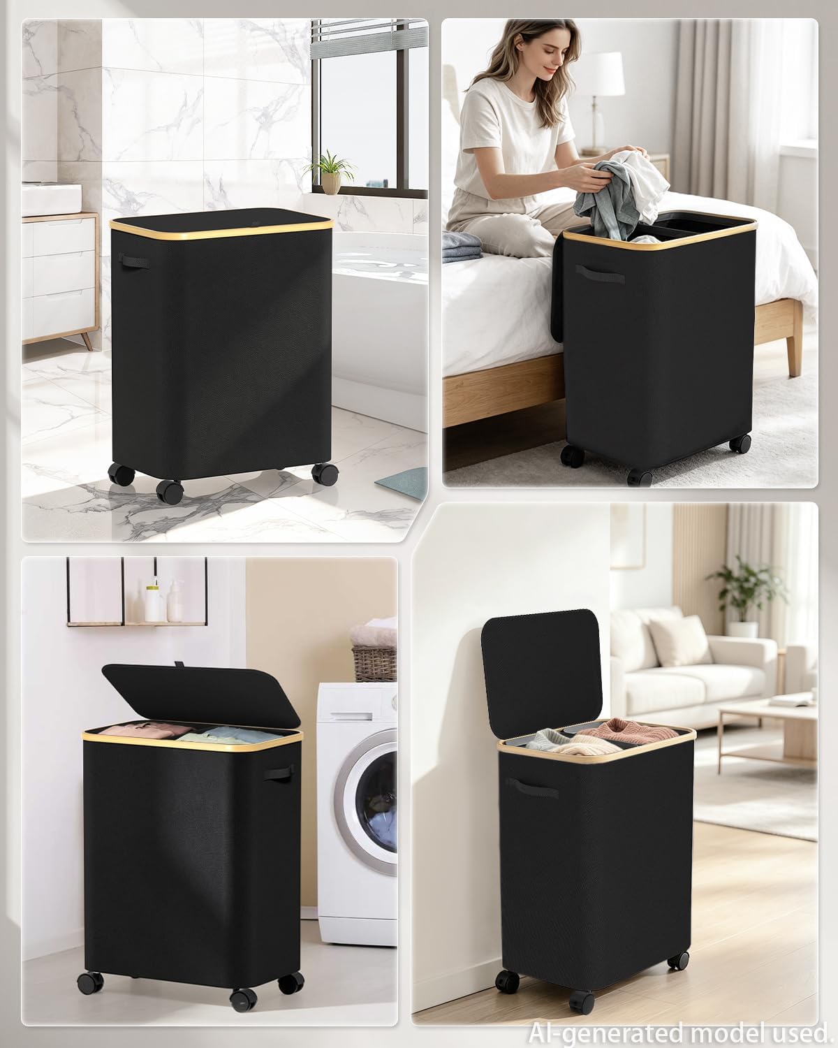 Double Laundry Basket with Wheels and Lid, 150L Clothes Hampers for Laundry