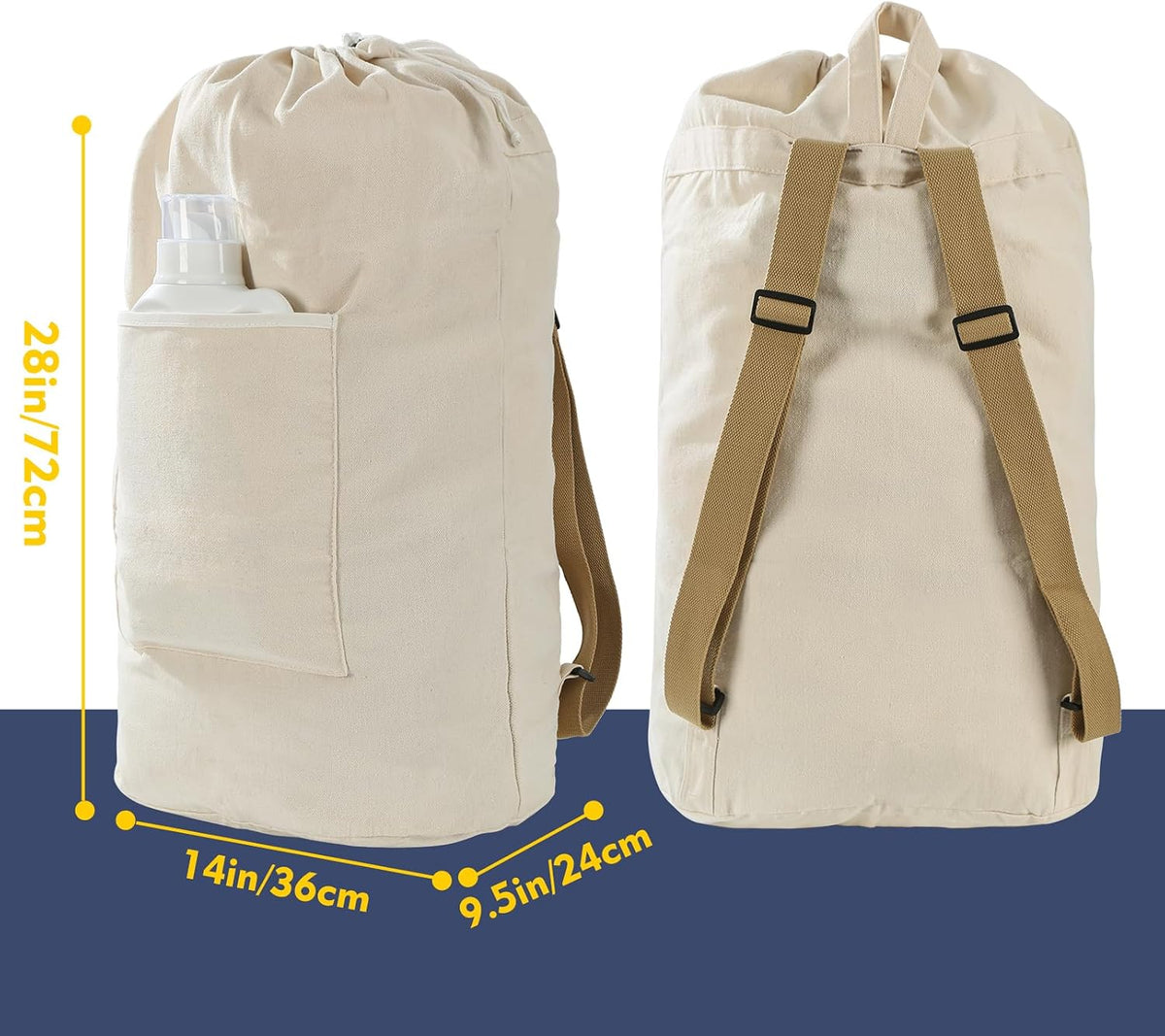 Canvas Laundry Bag, Laundry Backpack, Beige, X-Large