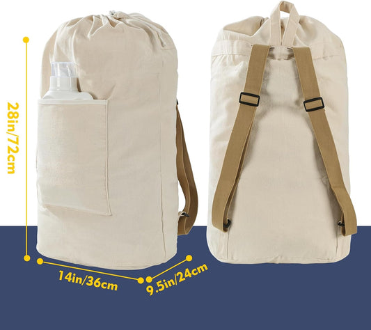 Canvas Laundry Bag, Laundry Backpack, Beige, X-Large