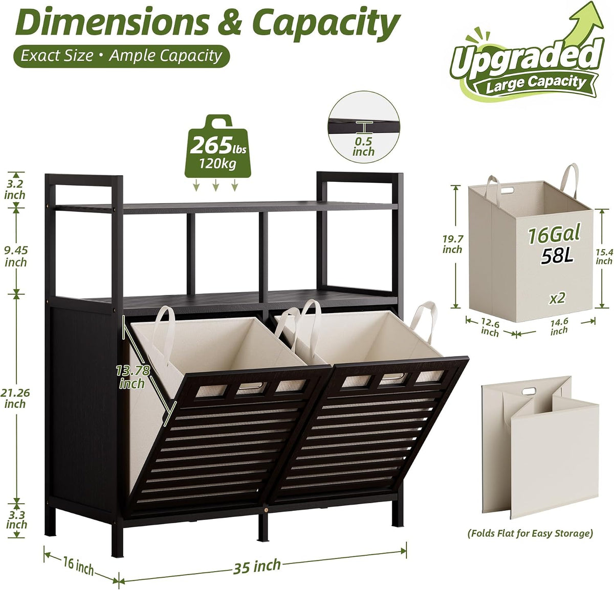 32 Gal Bamboo Tilt Out Laundry Hamper Cabinet with 2 Bag, Black