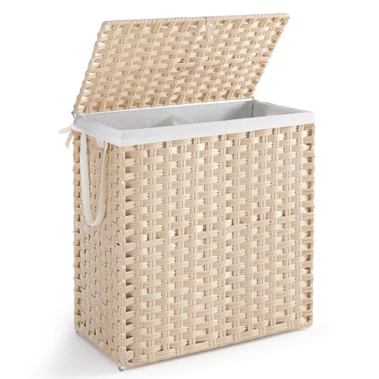 DUMOS Woven Laundry Basket with Lid, 90L Large Capacity Hamper, Removable & Machine-Washable Liner, Foldable Rattan Clothes Hamper, Sturdy Steel Frame, Odor Control, Dove Gray