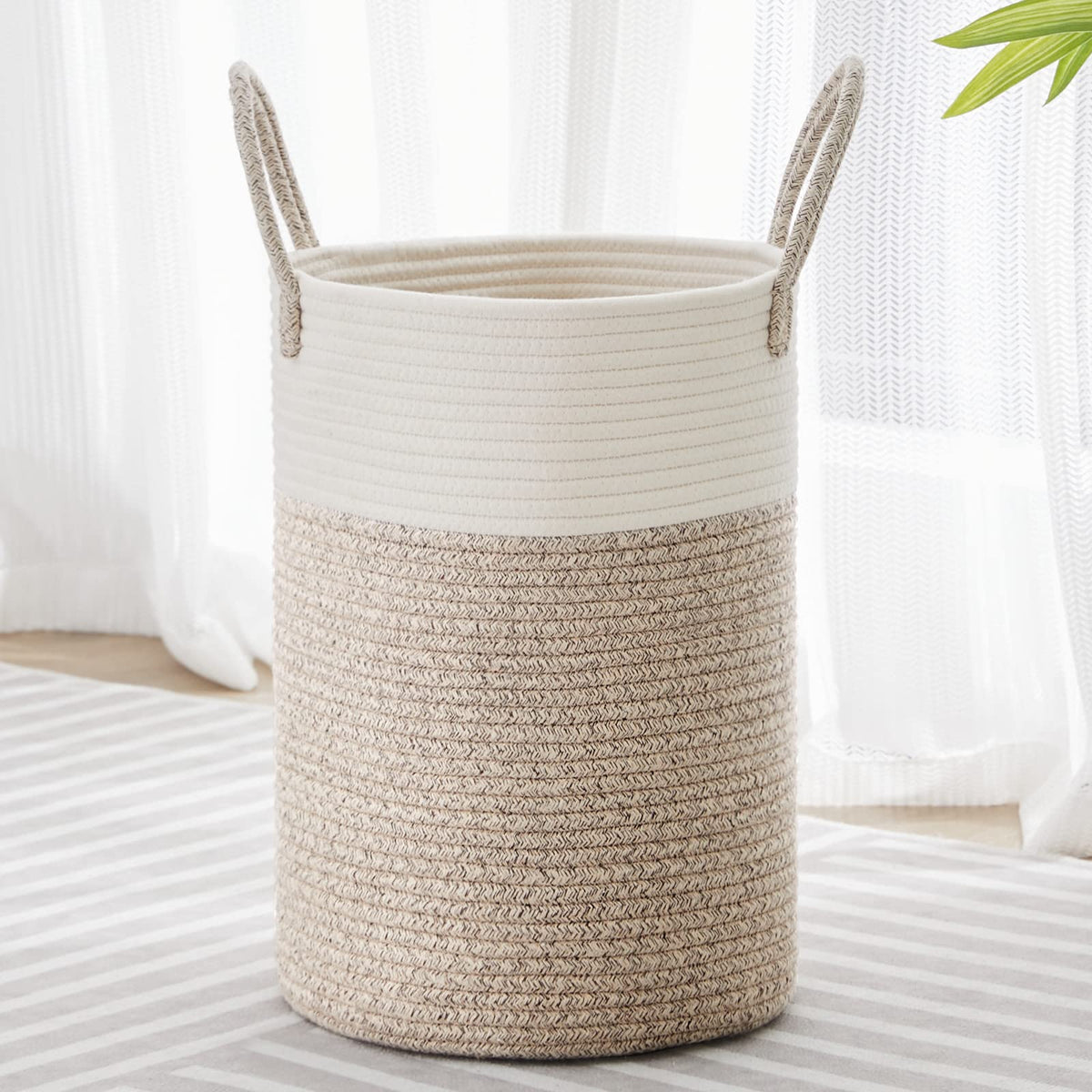 VIPOSCO 58L Tall Woven Laundry Basket Hamper, White Brown